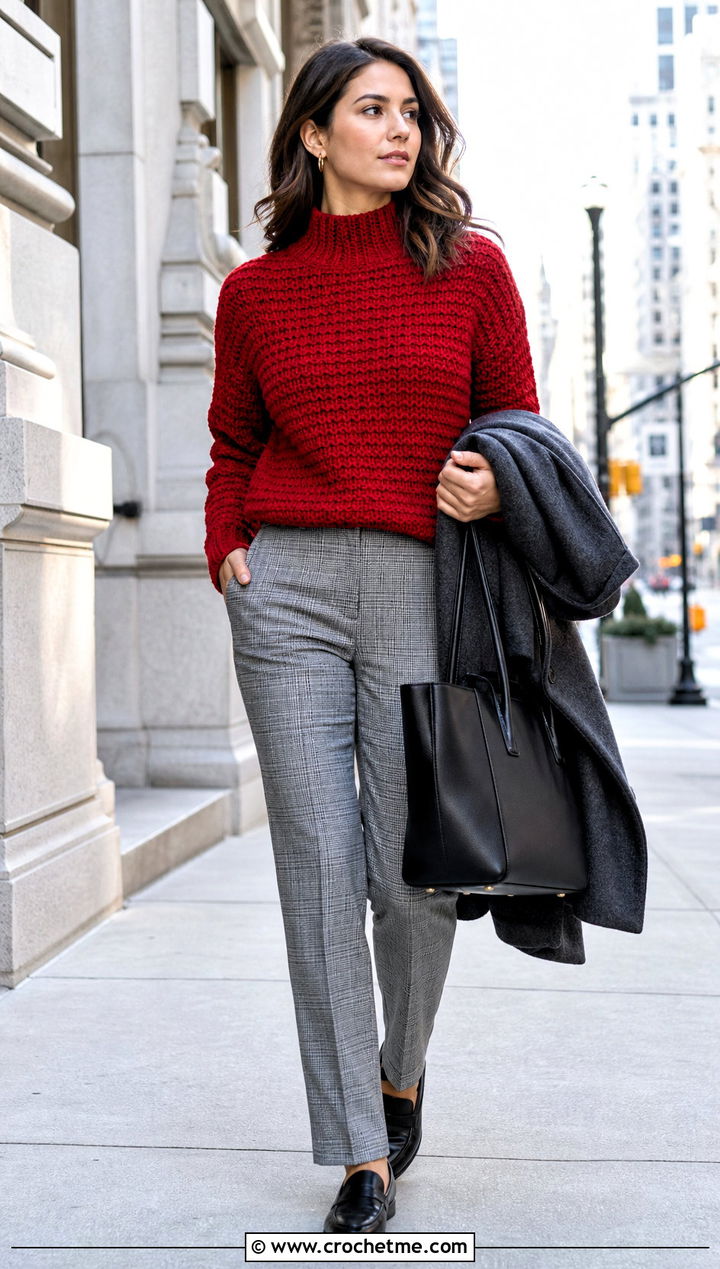 Mock Neck Crochet Sweater With Plaid Trousers - 25 Crocheted Sweaters For Women outfit ideas