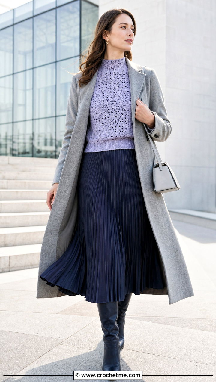 Mock Neck Crochet Sweater With Pleated Midi Skirt - 30 winter crochet sweater outfit ideas
