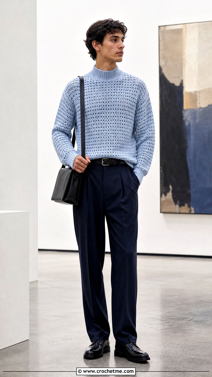 Mock Neck Crochet Sweater With Pleated Pants - 35 crochet sweater for men outfit ideas