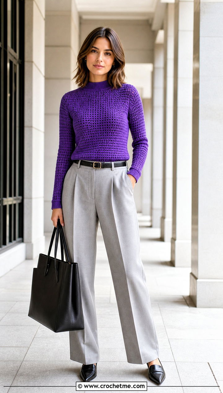 Mock Neck Crochet Sweater With Pleated Pants - 20 Comfy Crochet Sweater outfit ideas