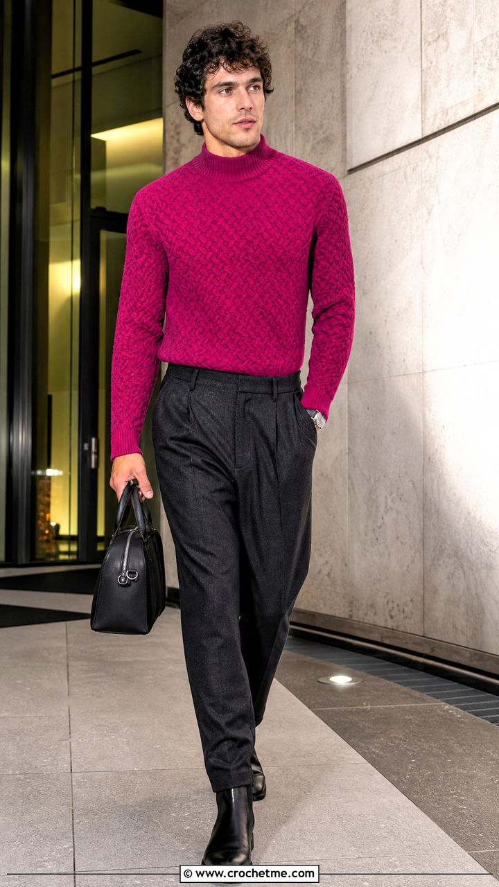Mock Neck Crochet Sweater With Pleated Pants - 35 crochet mens sweater outfit ideas