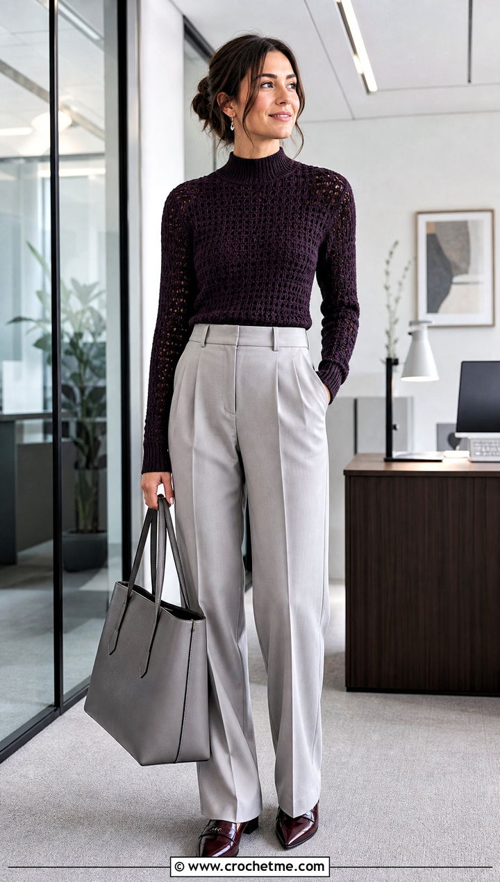 Mock Neck Crochet Sweater With Pleated Trousers - 25 Fire Crochet Sweater outfit ideas