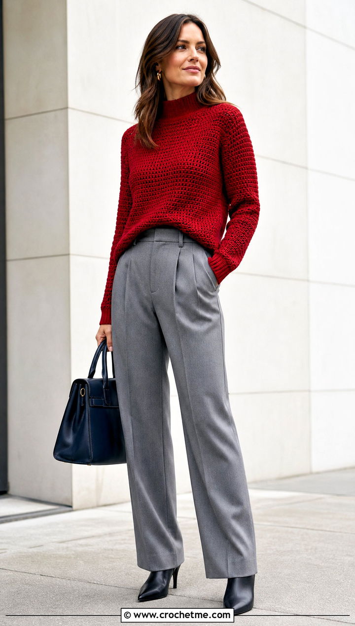 Mock Neck Crochet Sweater With Pleated Trousers - 15 Sweaters To Crochet For Women outfit ideas