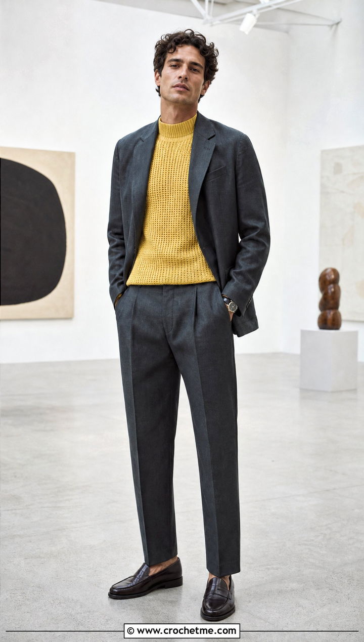 Mock Neck Crochet Sweater With Relaxed Suit - 30 crochet sweater for man outfit ideas