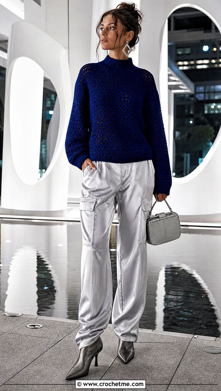 Mock Neck Crochet Sweater With Satin Cargo Pants - 25 Boho Crochet Sweater outfit ideas