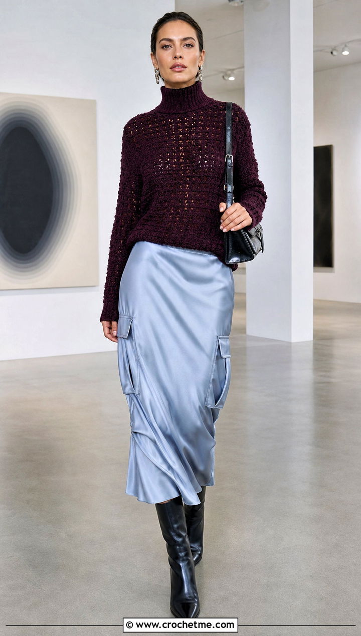 Mock Neck Crochet Sweater With Satin Cargo Skirt - 25 taylor swift crochet sweater outfit ideas