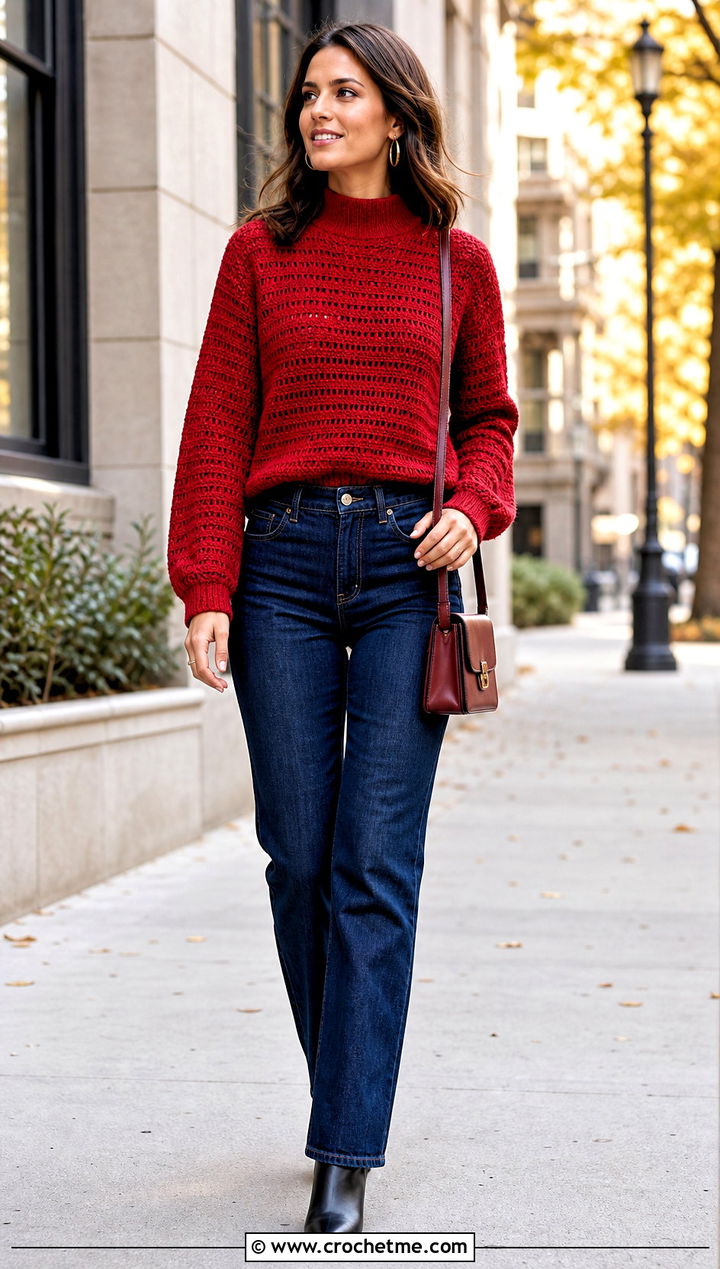 Mock Neck Crochet Sweater With Straight Leg Jeans - 35 crocheted sweaters outfit ideas