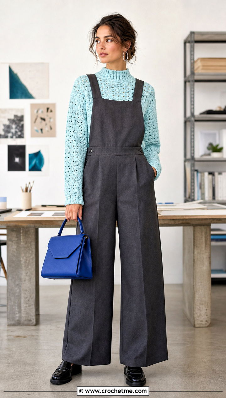 Mock Neck Crochet Sweater With Tailored Overalls - 25 Crochet Textured Sweater outfit ideas