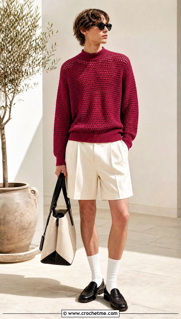 Mock Neck Crochet Sweater With Tailored Shorts - 25 unisex crochet sweater outfit ideas