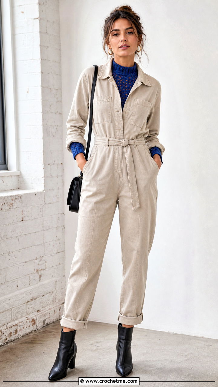 Mock Neck Crochet Sweater With Utility Jumpsuit - 35 crochet sweaters outfit ideas