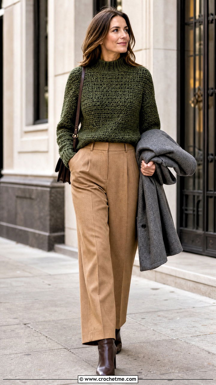 Mock Neck Crochet Sweater With Wide Leg Wool Trousers - 35 crochet sweater design for women outfit ideas