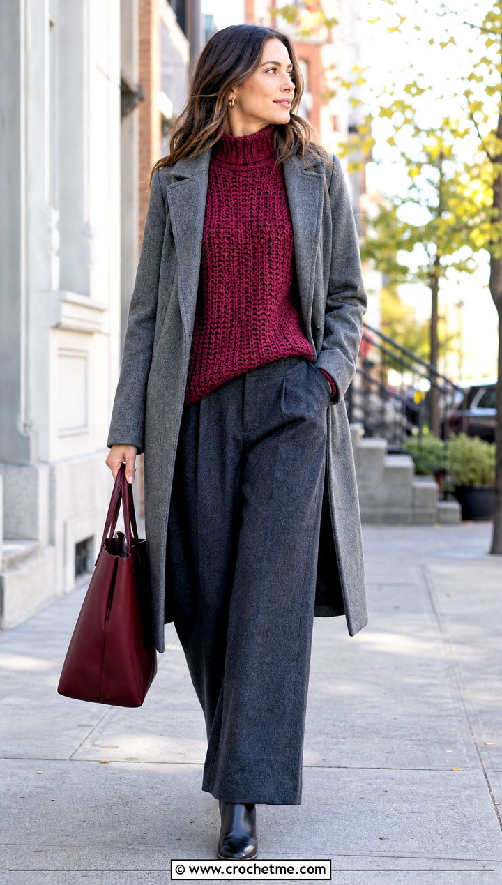 Mock Neck Crochet Sweater With Wool Trousers - 35 cute crochet sweater outfit ideas