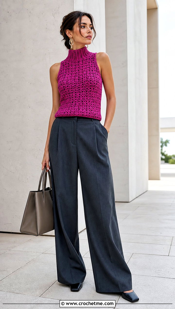 Mock Neck Crochet Tank With Wide Leg Suit Pants - 35 crochet tank outfit ideas