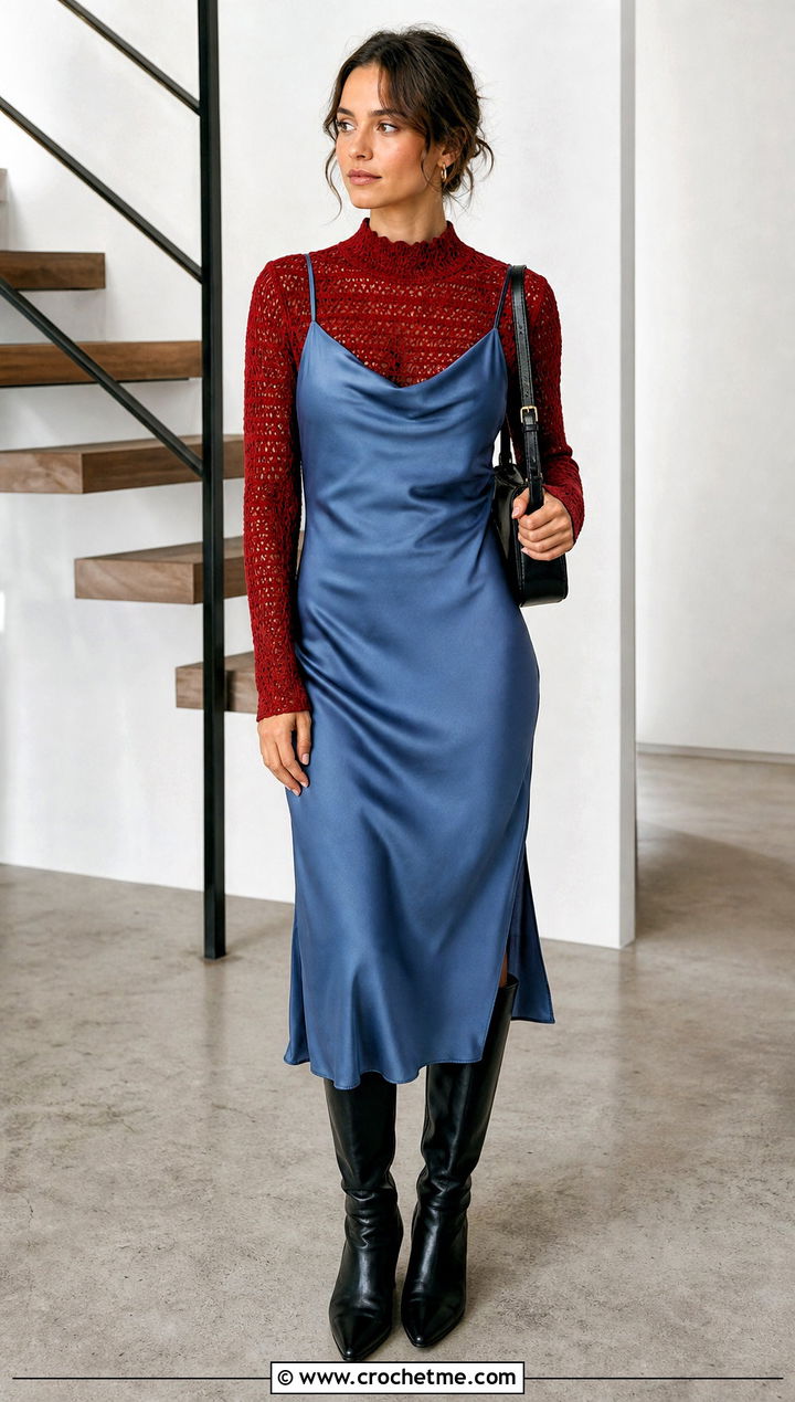 Mock Neck Crochet Top Under A Slip Dress - 20 modern crochet top outfit ideas