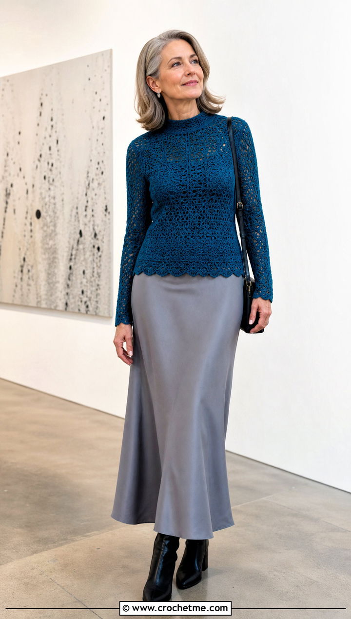 Mock Neck Crochet Top With A Bias Cut Maxi Skirt - 30 crochet top for outfit ideas