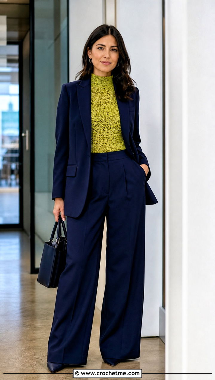 Mock Neck Crochet Top With A Trouser Suit - 20 Crochet Tops With Long Sleeves outfit ideas