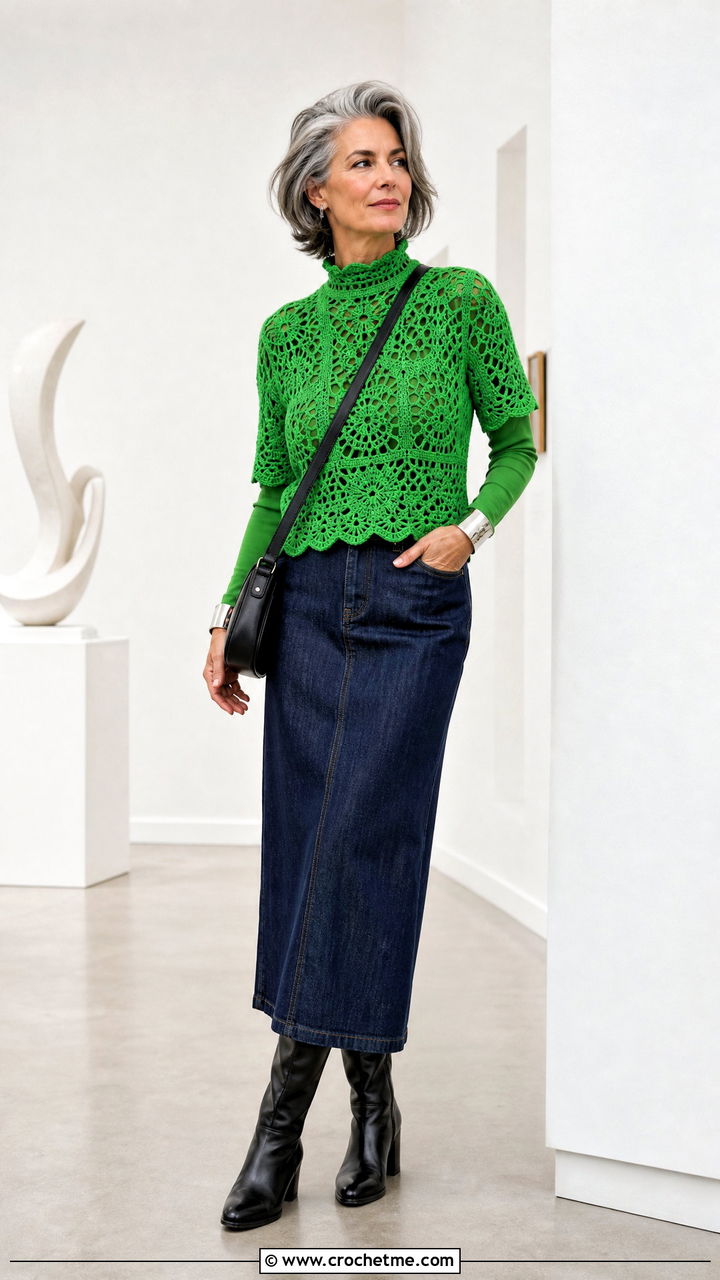 Mock Neck Crochet Top With Column Skirt - 35 crochet fall top outfit ideas