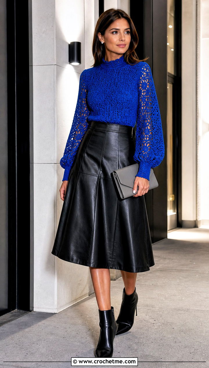 Mock Neck Crochet Top With Leather Midi Skirt - 35 Outfit With Crochet Top outfit ideas