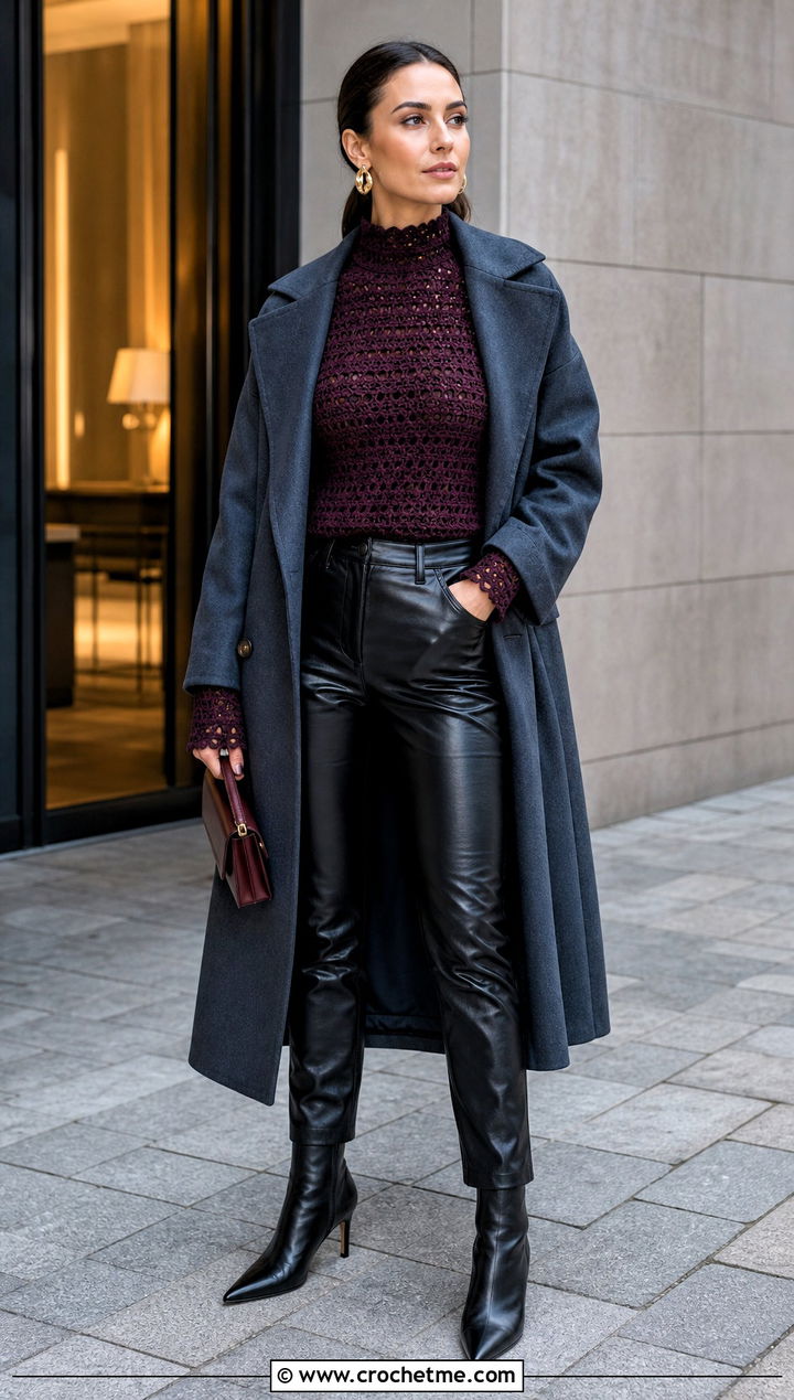 Mock Neck Crochet Top With Leather Pants - 35 winter crochet top outfit ideas
