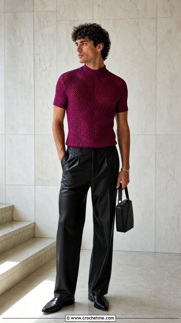 Mock Neck Crochet Top With Leather Trousers - 35 crochet top for men outfit ideas