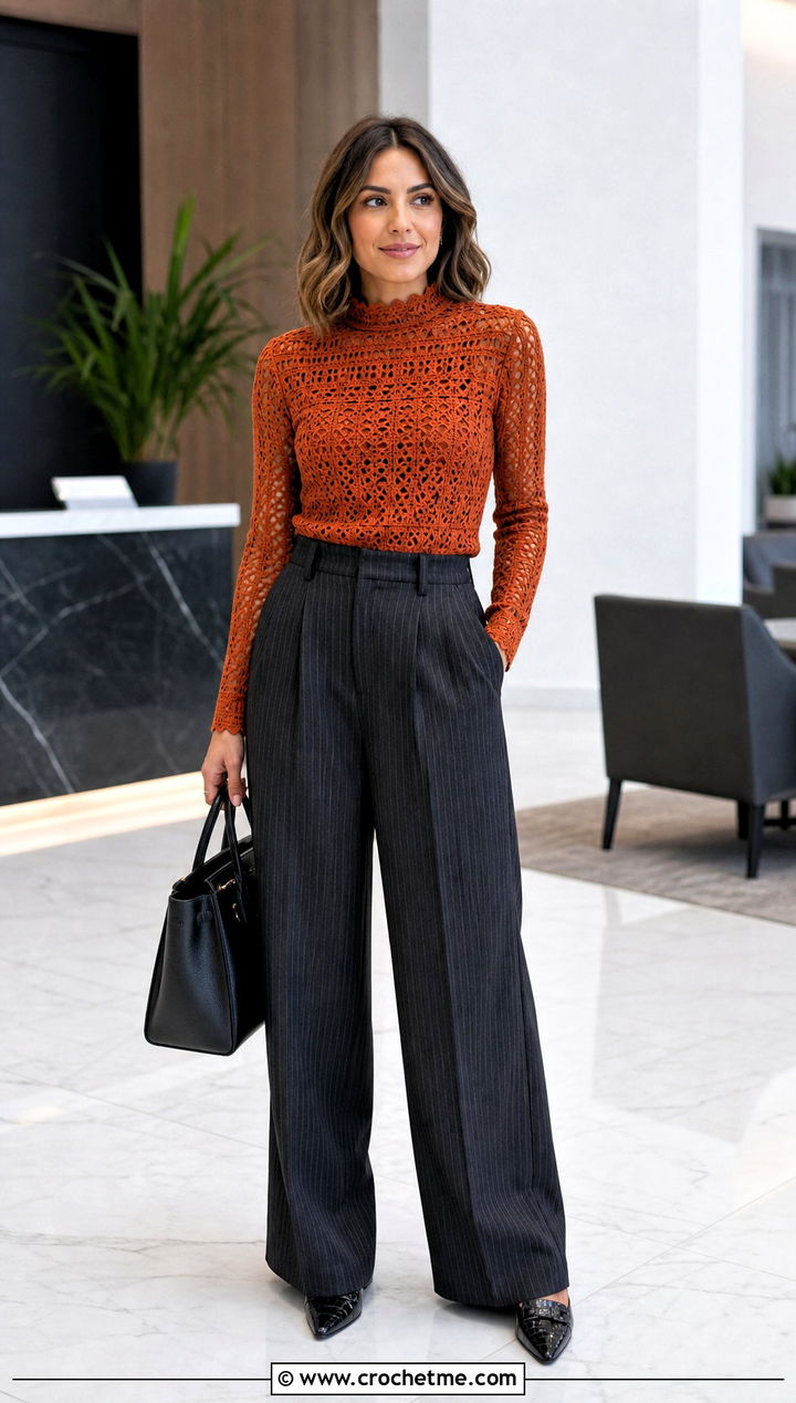 Mock Neck Crochet Top With Pinstripe Trousers - 35 crochet top sleeves outfit ideas