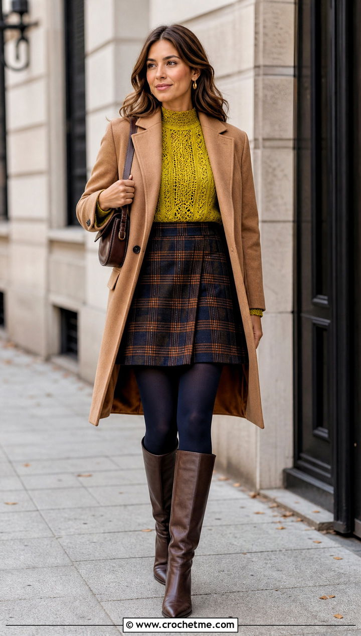 Mock Neck Crochet Top With Plaid Mini Skirt - 25 70S Inspired Crochet Top outfit ideas