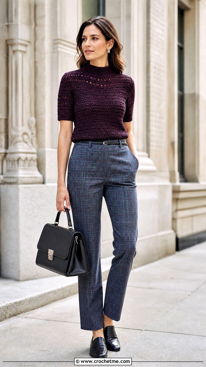 Mock Neck Crochet Top With Plaid Trousers - 35 crochet top for women outfit ideas