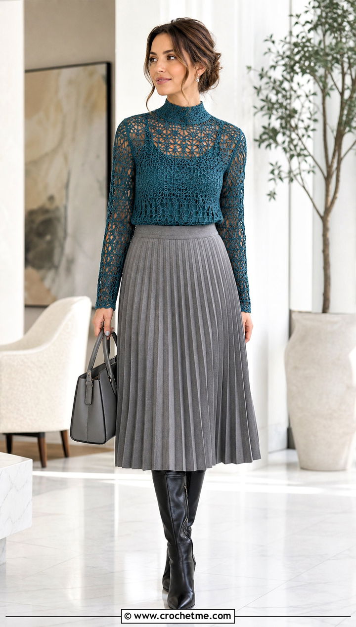 Mock Neck Crochet Top With Pleated Midi Skirt - 35 Fast Crochet Top outfit ideas
