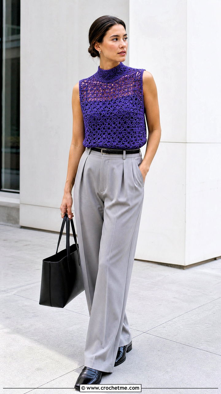 Mock Neck Crochet Top With Pleated Trousers - 35 trendy crochet tops outfit ideas