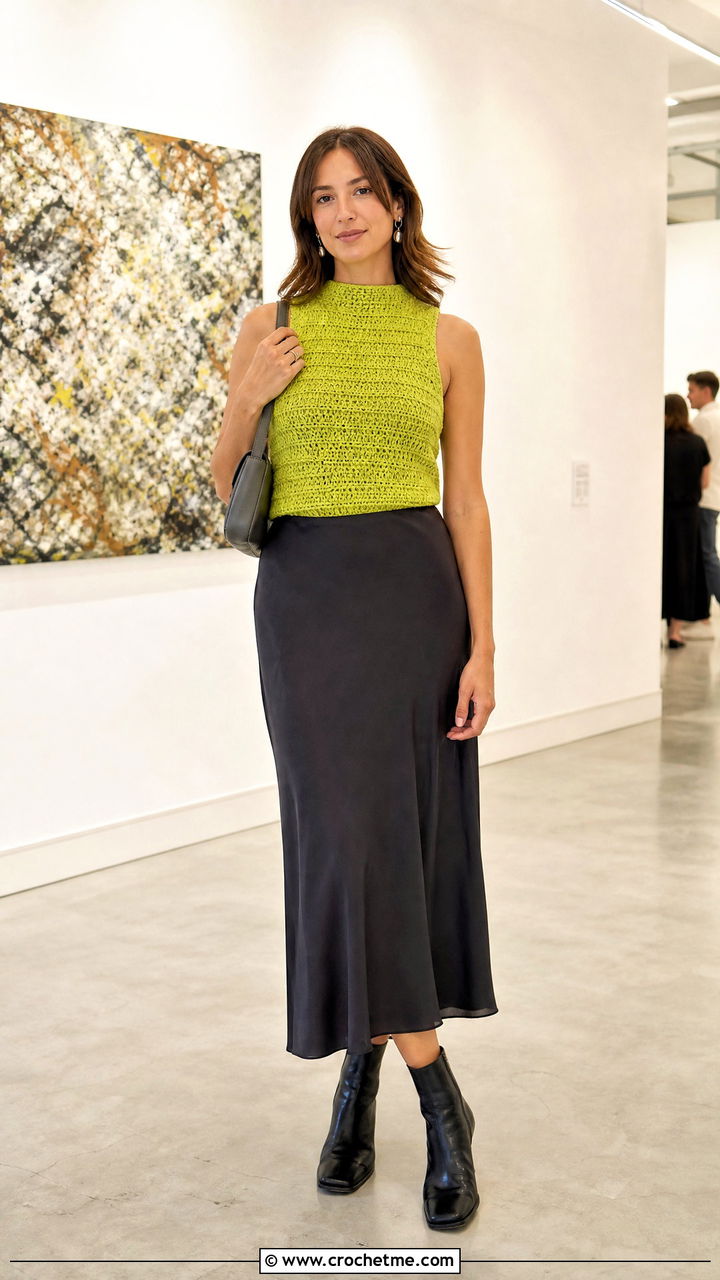 Mock Neck Crochet Top With Slip Skirt - 35 simple crochet tops outfit ideas
