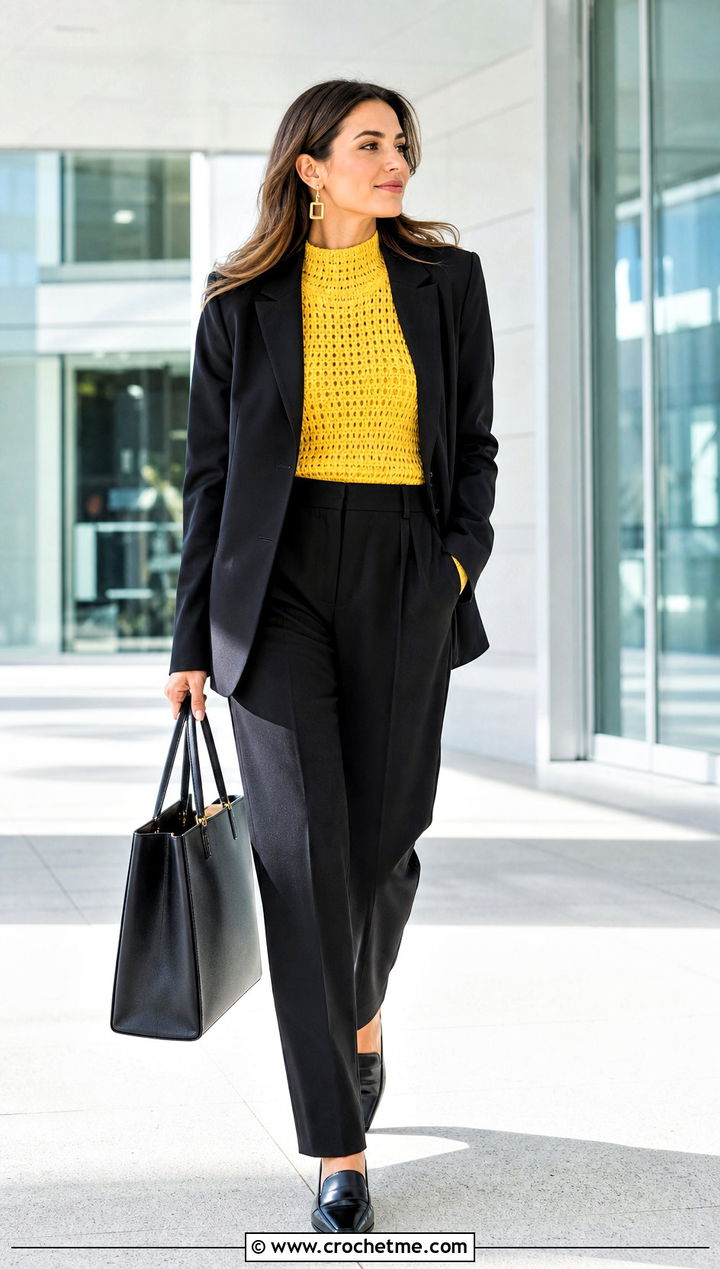 Mock Neck Crochet Top With Tailored Suit - 25 Crochet Tops For Fall outfit ideas