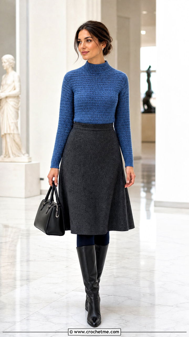 Mock Neck Crochet Top With Wool Midi Skirt - 35 simple crochet top outfit ideas