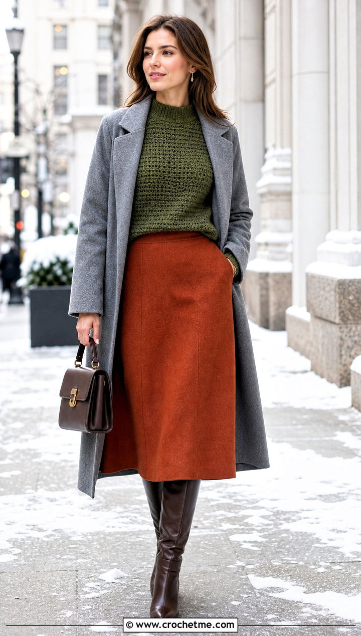 Mock Neck Crochet Top With Wool Midi Skirt - 30 form crochet top outfit ideas