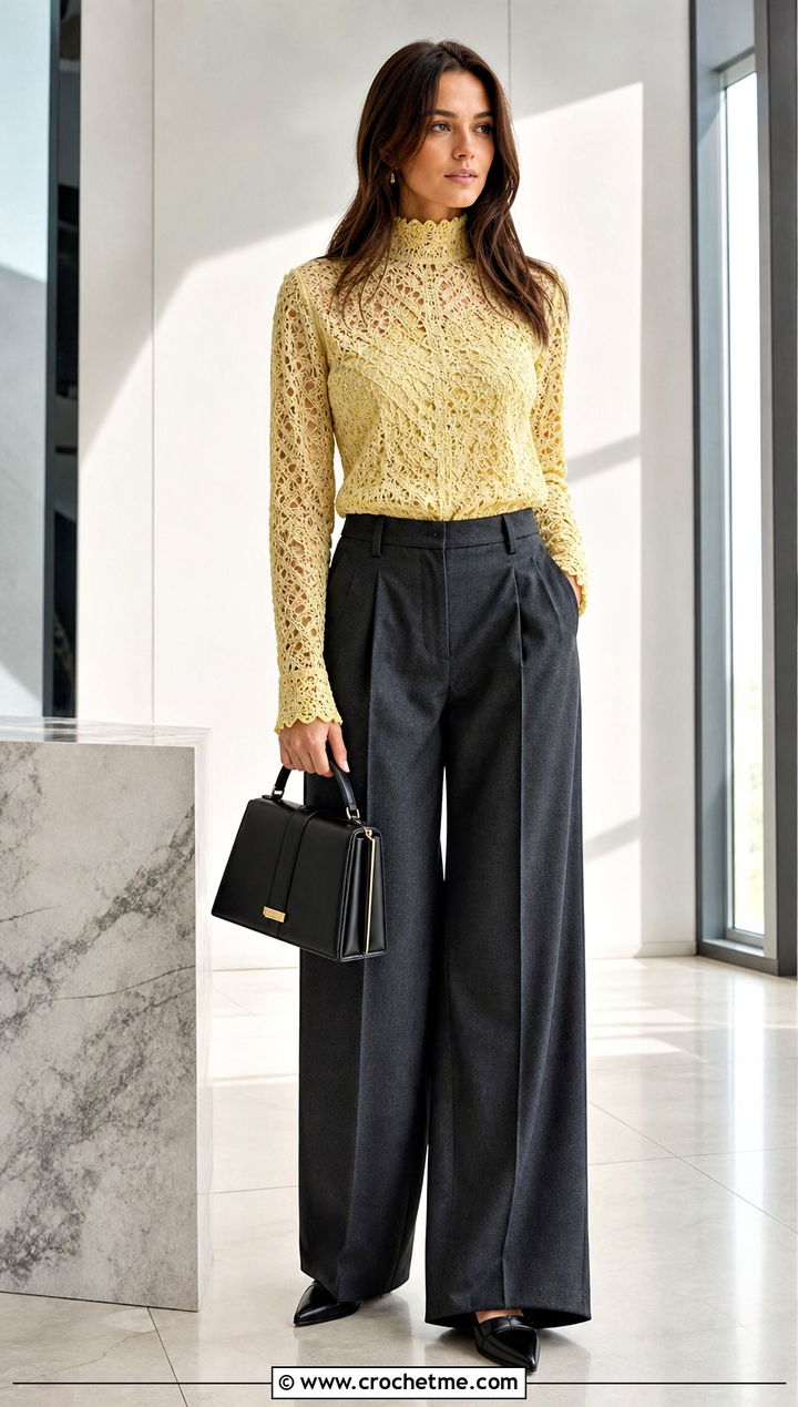 Mock Neck Crochet Top With Wool Trousers - 35 crochet vintage top outfit ideas