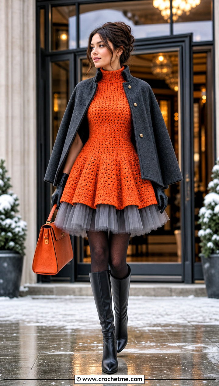 Mock Neck Crochet Tutu Dress With Cape Coat - 35 Crochet Tutu Dress outfit ideas