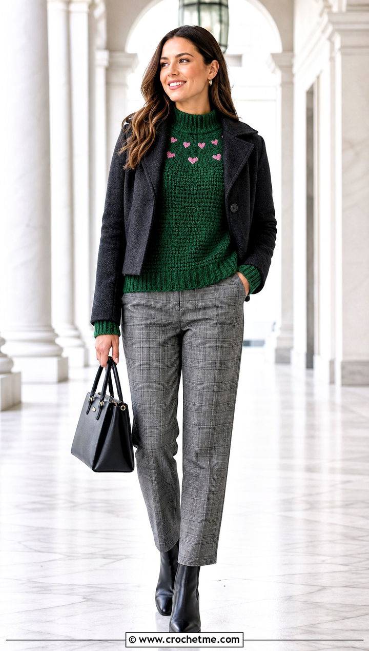 Mock Neck Crochet Valentine Sweater With Plaid Pants - 25 crochet valentine sweater outfit ideas