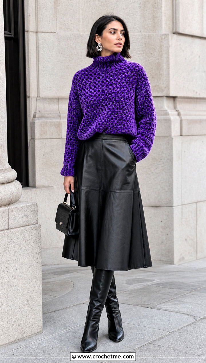 Mock Neck Crochet Velvet Sweater With Leather Midi Skirt - 20 Crochet Velvet Sweater outfit ideas