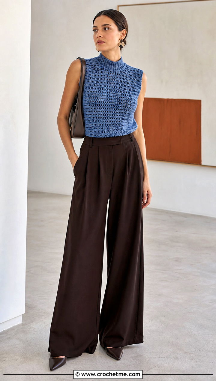 Mock Neck Crochet Vest With Wide Leg Pants - 35 crochet vest ideas