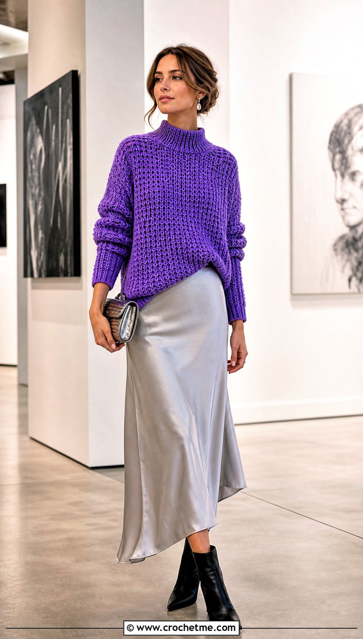Mock Neck Crochet Waffle Sweater With Satin Slip Skirt - 15 Crochet Waffle Sweater outfit ideas