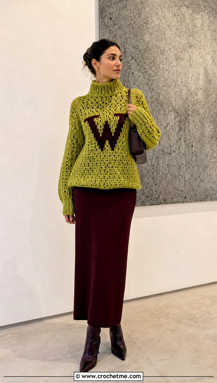 Mock Neck Crochet Weasley Sweater With Column Skirt - 35 crochet weasley sweater outfit ideas