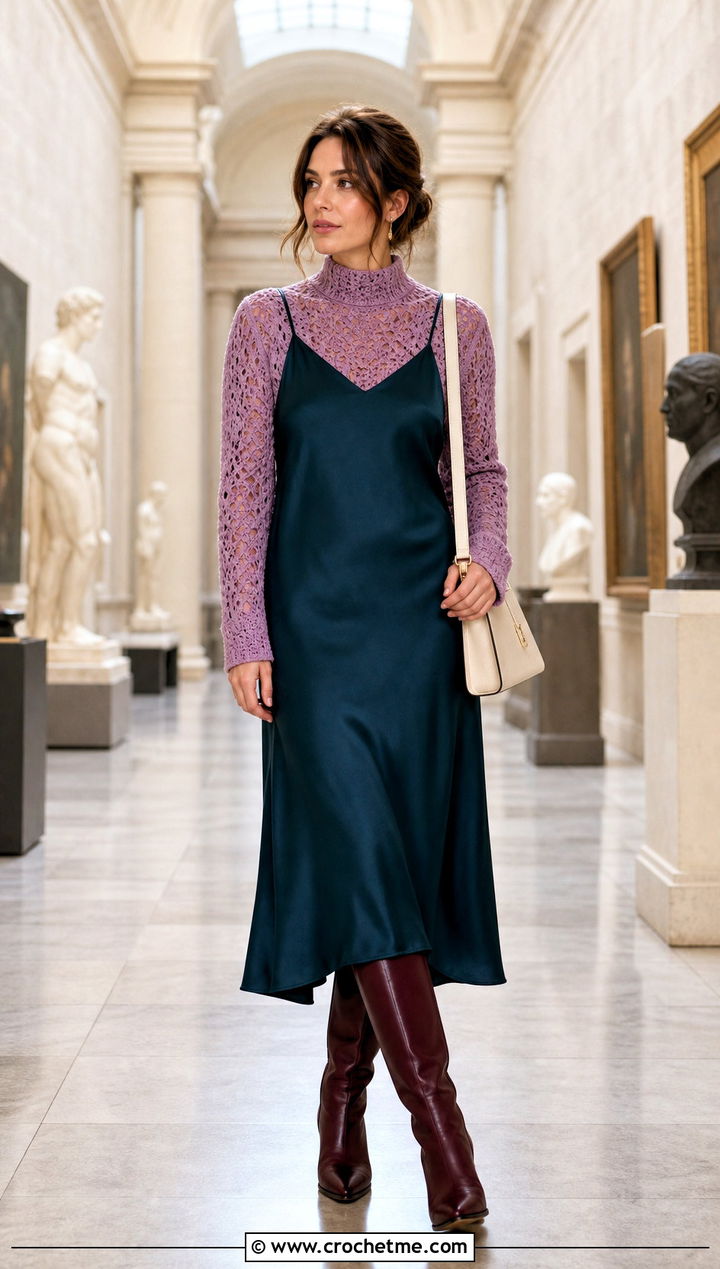 Mock Neck Crochet Wool Top With Slip Dress - 35 crochet wool top outfit ideas