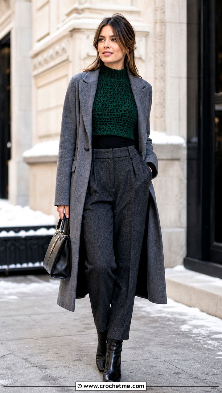 Mock Neck Crop Crochet Top With Wool Trousers And Coat - 35 crop crochet top outfit ideas