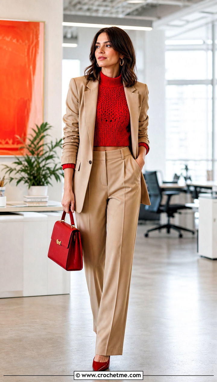Mock Neck Cropped Crochet Sweater With Suit - 30 crocheted cropped sweater outfit ideas