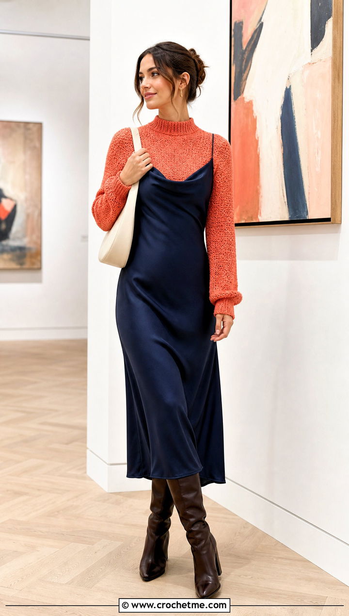 Mock Neck DK Weight Crochet Sweater With Slip Dress - 25 Dk Weight Crochet Sweater outfit ideas