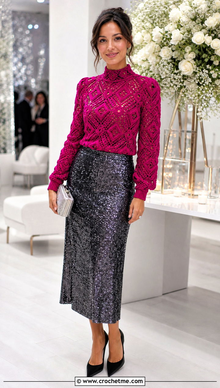 Mock Neck Diamond Irish Sweater With Sequin Midi Skirt - 25 Crochet Irish Sweater outfit ideas