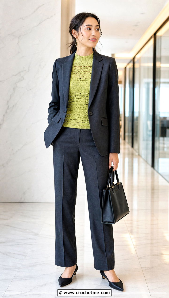 Mock Neck Distressed Crochet Sweater With A Trouser Suit - 35 distressed crochet sweater outfit ideas