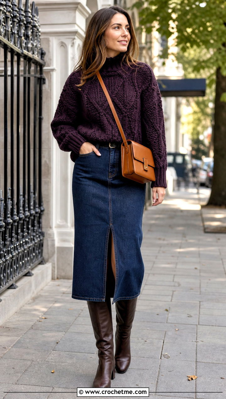 Mock Neck Fisherman Crochet Sweater With Denim Midi Skirt - 25 Fisherman Crochet Sweater outfit ideas