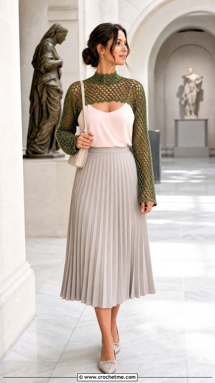 Mock Neck Fishnet Shrug With Camisole And Pleated Skirt - 35 crochet fishnet shrug outfit ideas