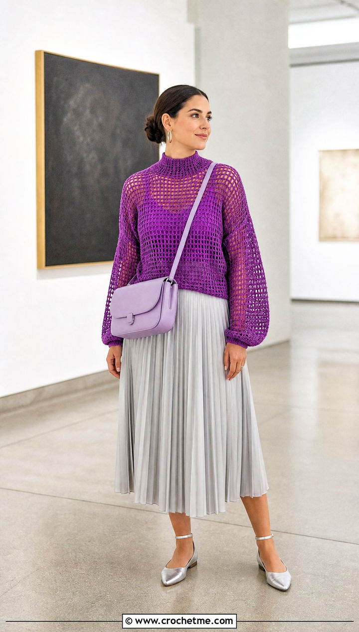 Mock Neck Fishnet Sweater With a Pleated Midi Skirt - 20 Crochet Fishnet Sweater outfit ideas