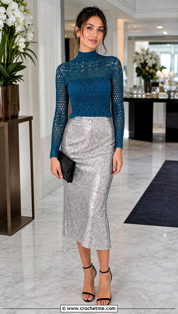 Mock Neck Fitted Sleeve Crochet Top With Sequin Midi Skirt - 35 crochet tops with sleeves outfit ideas
